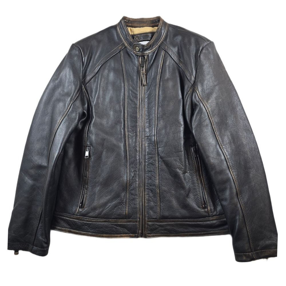 Marc New York Leather Jacket Mens Large Brown Heavy Thick Distressed Cafe Racer